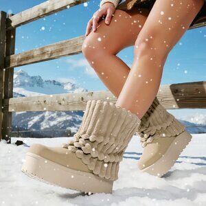 Women Winter BEIGE Fuzzy Faux Fur Lined Calf High Boots 2 inch Sole